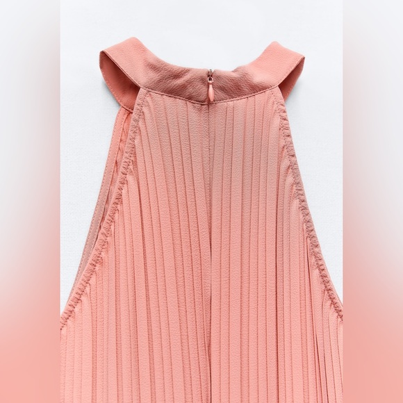 NWT ZARA Medium Jumpsuit Pleated Halter Neck Waistband Wide Leg Trousers Pink - Picture 3 of 8